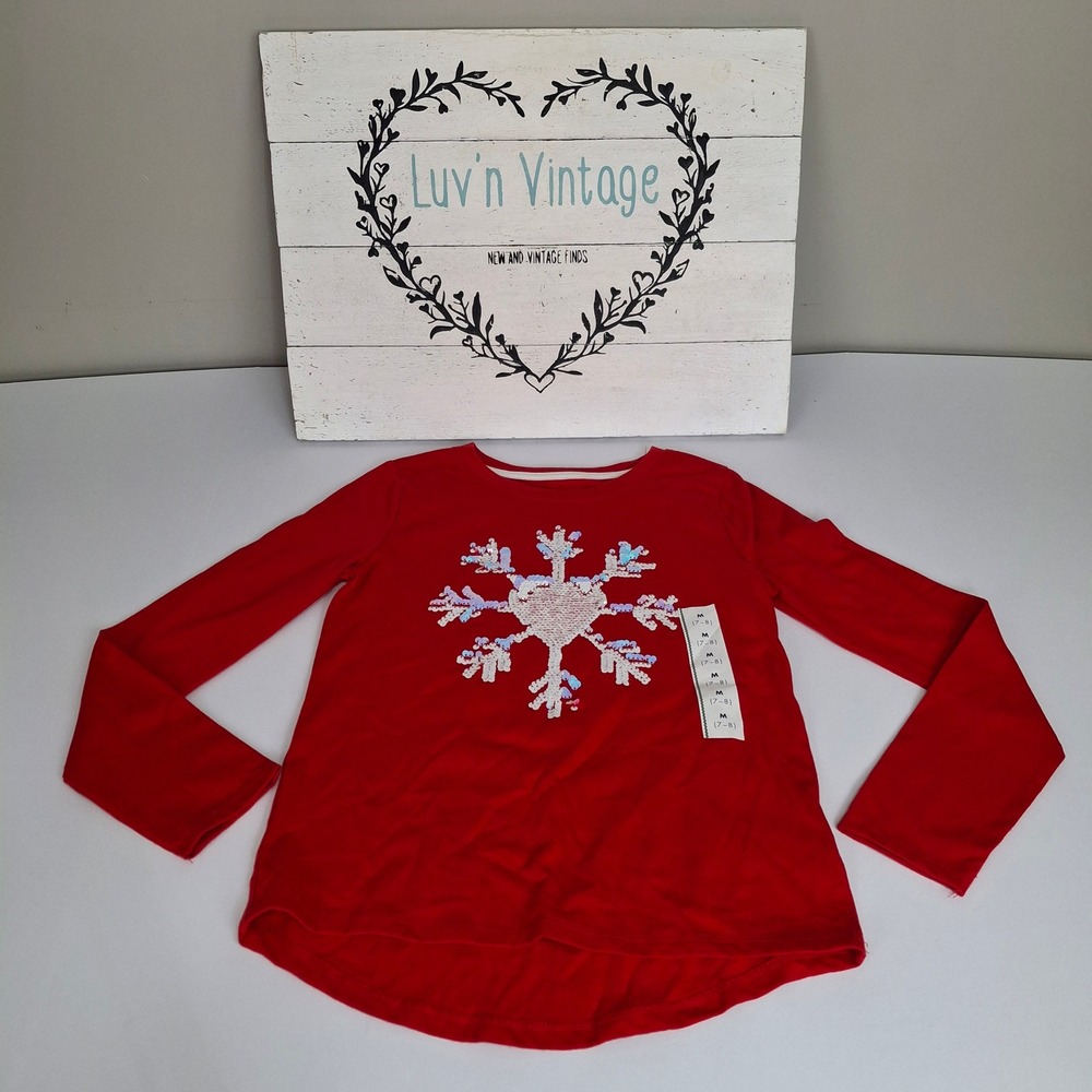 Cat Jack Red Long Sleeve T Shirt Snowflake Sequin Girls Size M 7 8